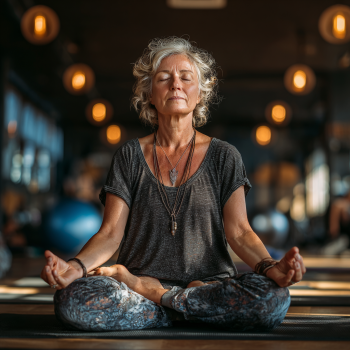 Instructor de yoga demonstrând poziții pentru seniori